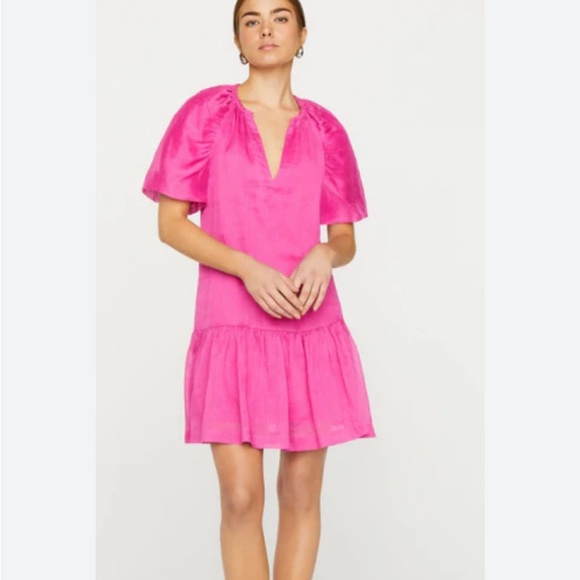 Marie Oliver Greta Linen Silk Blend Mini Dress Pink camellia puff sleeve Sz S - Picture 13 of 13